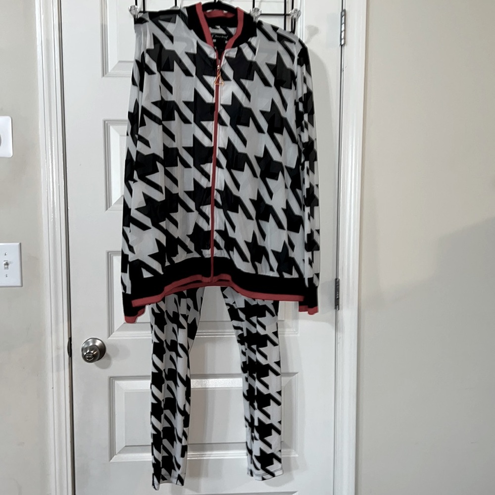 2pc gently used sheer jogger set. Houndstooth print trimmed in red. See thru